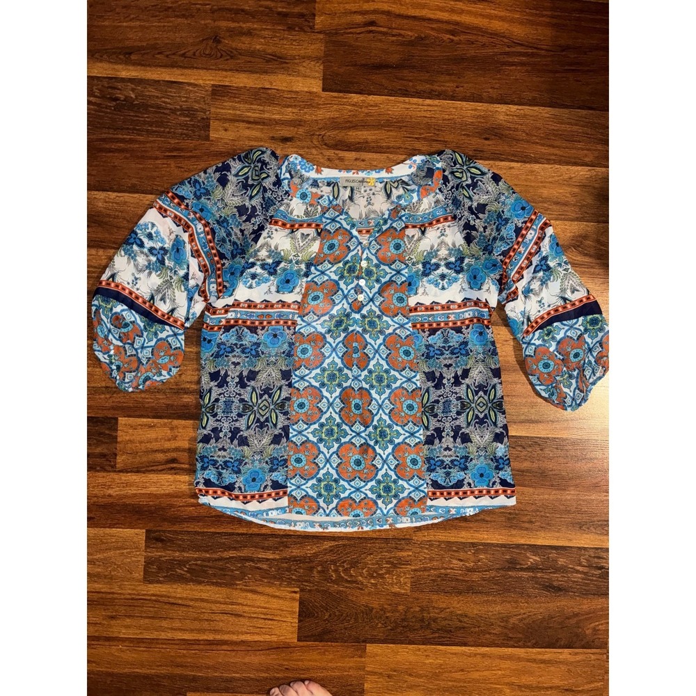 Figueroa & Flower Womens Blue Orange Floral Tile Print Boho Blouse Size Medium